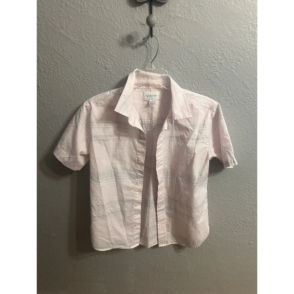 Calvin Klein Jeans Boys PinkStriped Button Up Shirt Short Sleeve Size‎ L (14-16)